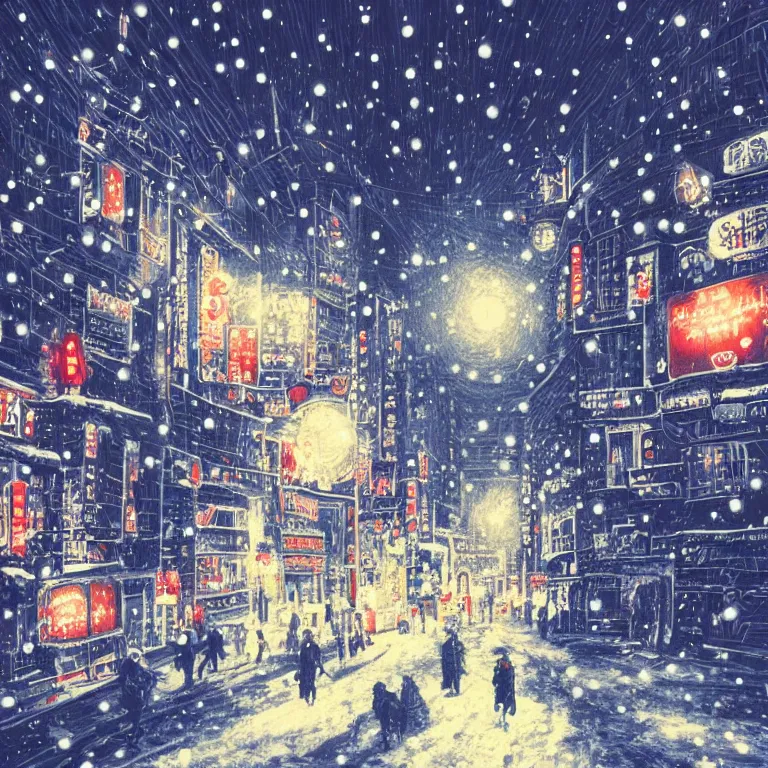 Image similar to beautiful and detailed illustration of tokyo with many lights and lens flares, snowy winter christmas night