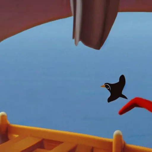 Image similar to film still of a pixar film of a communist penguin escaping russia