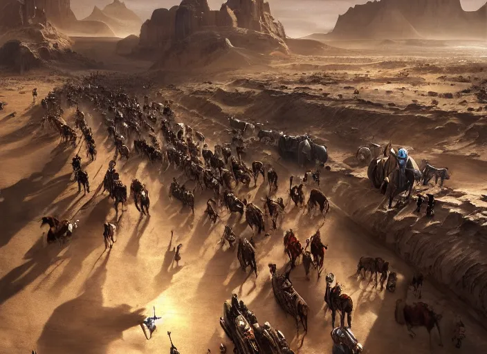 Prompt: overhead view of a the big large expedition with a very crowd of adventurers being brought by gigantic mammals carrying stuff towards the desert of duhnes medium shot, key art by craig mullins, bloom, dramatic lighting, cinematic, high details