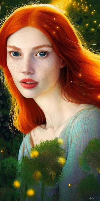 Prompt: an amazed young woman surrounded by golden firefly lights in a mesmerizing scene, sitting amidst nature fully covered, long loose red hair, precise linework, accurate green eyes, small nose with freckles, smooth oval shape face, empathic, bright smile, expressive emotions, hyper realistic portrait by artemisia gentileschi, jessica rossier, boris vallejo