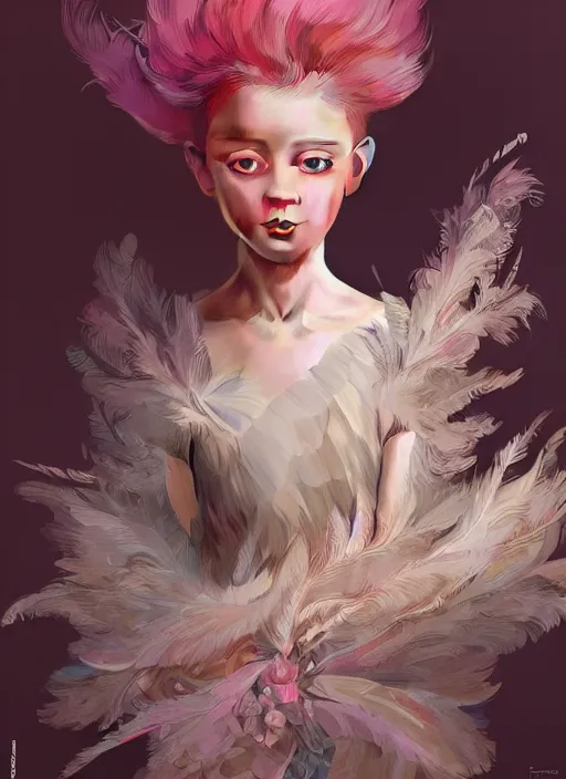 Image similar to beautiful little girl with an pink eccentric haircut wearing an dress made of feathers dancing on stage, artwork made by ilya kuvshinov, inspired in donato giancola and balthus, hd, ultra realistic, reflection, flowers, light, realistic face, bird tattoo, trending on pixiv, 8 k, ray tracing, glorious