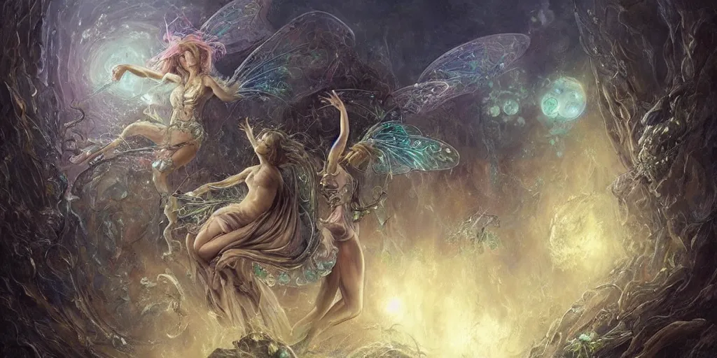 Image similar to concept art of translucent glowing fairies dancing, lovecraftian, renaissance, melting, round moon, rich clouds, fighting the horrors of the unknown, very detailed, volumetric light, mist, fine art, decaying, textured oil over canvas, epic fantasy art, very colorful, ornate intricate scales