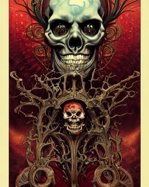 Image similar to perfectly centered portrait front view of a angry dead rotten beautiful daemon skull growing ornamentation all around, ornate, ornaments, detailed, symmetrical, elegant, beautifully soft lit, by wayne barlowe, peter mohrbacher, kelly mckernan, alphonse mucha