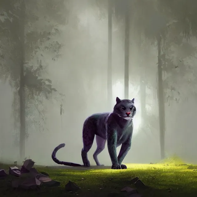 Prompt: a beautiful painting of a handsome anthropomorph gray panther furry fursona. green fog. disney character design by cory loftis, fenghua zhong, ryohei hase, ismail inceoglu and ruan jia. artstation, volumetric light, detailed, photorealistic, rendered in octane