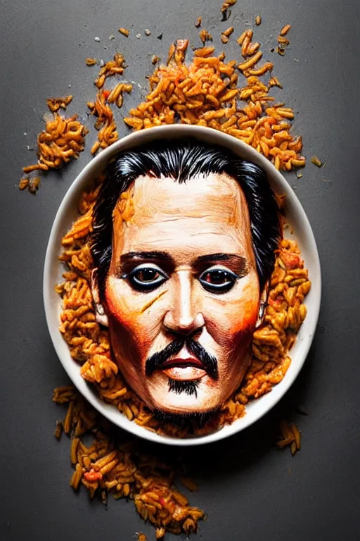 Image similar to johnny depp made out of jambalaya, a human face made out of a bowl of jambalaya, professional food photography