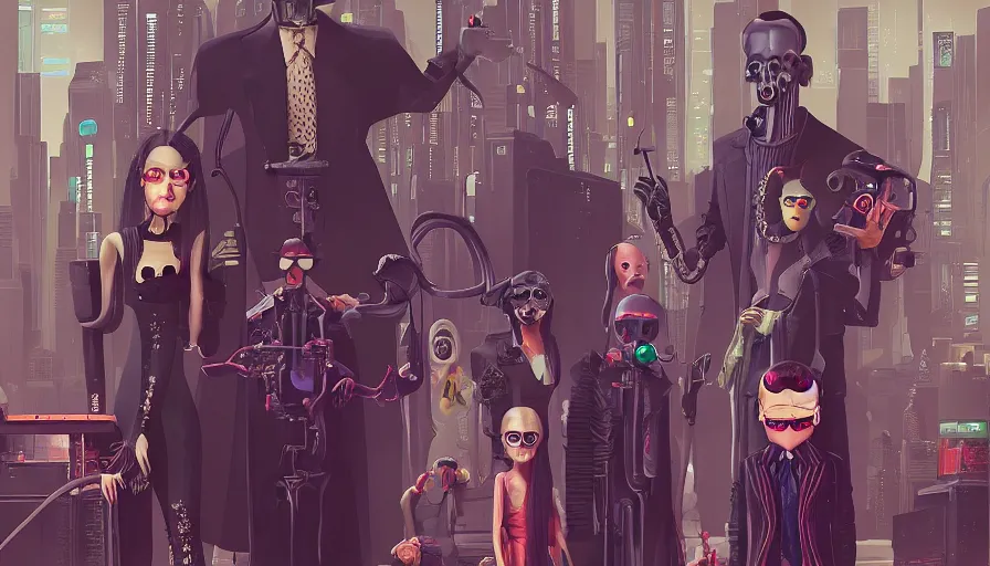 Image similar to cyberpunk addams family, sharp focus, james gilleard, cinematic, game art, extremely detailed digital painting, print