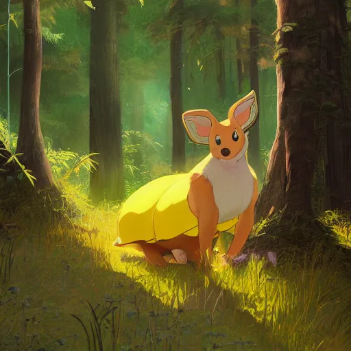 Image similar to concept art painting of an anthropomorphic chubby doe wearing yellow dress, in the deep forest, realistic, detailed, cel shaded, in the style of makoto shinkai and greg rutkowski and james gurney