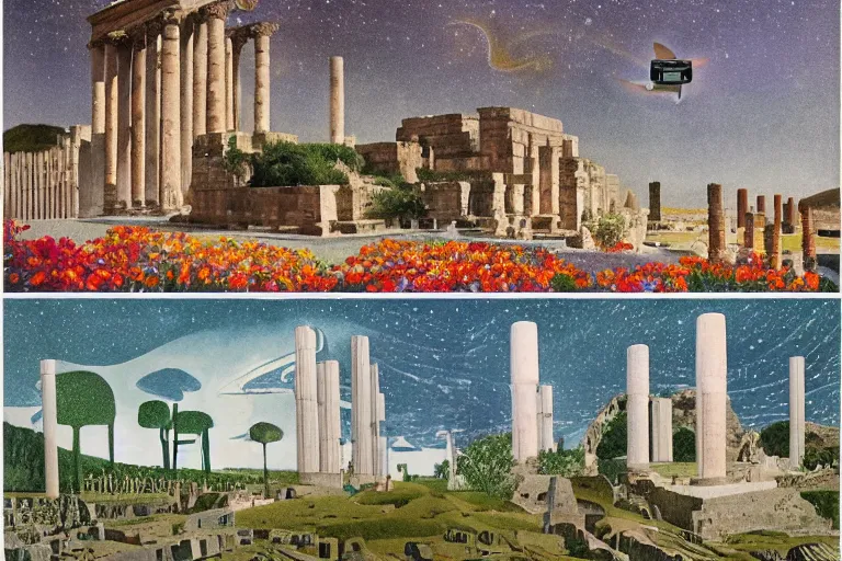 Image similar to night, stars, mecha robot, hanging gardens of babylon, temple of artemis at ephesus, waterfalls, blooming hills with spring flowers and pillars by helen lundeberg