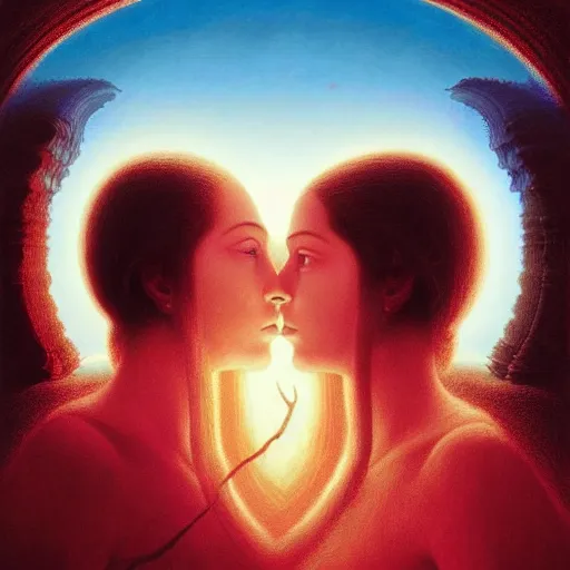 Image similar to perfectly - centered movie promotional poster portrait - photograph of a young indian guy and a beautiful girl side profile faces symmetrical ; real life portrait by beksinski and jean delville, romantic theme of two lovers sharing one heart, unreal engine 5, photorealism, hd quality, 8 k resolution, cinema 4 d, hdr dramatic cinematic lighting