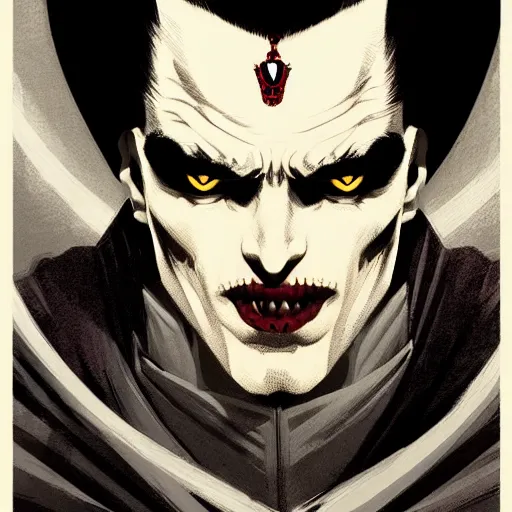 Prompt: handsome vampire king with crown and fangs, symmetrical face, evil, portrait, cinematic, dramatic, powerful, super detailed and intricate, by koson ohara, by darwyn cooke, by greg rutkowski, by satoshi kon