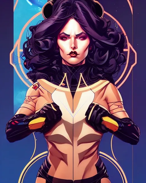 Prompt: artgerm, joshua middleton and sandra chevrier comic cover art, full body pretty female space pirate, symmetrical eyes, symmetrical face, long curly hair, beautiful, rim lighting, vivid colors