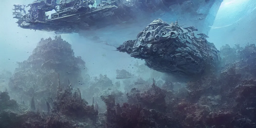 Image similar to a dieselpunk spaceship lies at the bottom of the sea in a coral reef, underwater, matte painting, submecanophobia, fantasy, intricate, elegant, digital painting, trending on artstation, concept art, sharp focus, illustration by greg rutkowski, darek zabrocki and john berkey, 4 k.