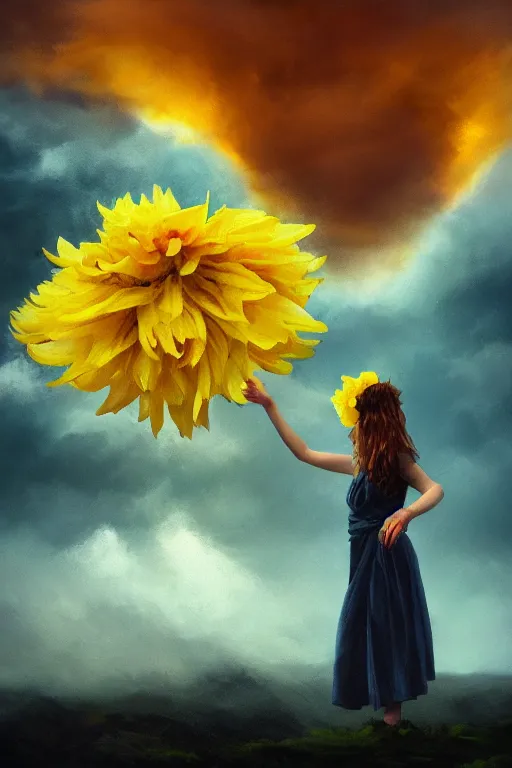 Image similar to closeup girl with giant yellow dahlia flower on head, standing on mountain, surreal photography, blue storm clouds, dramatic light, impressionist painting, digital painting, artstation, simon stalenhag