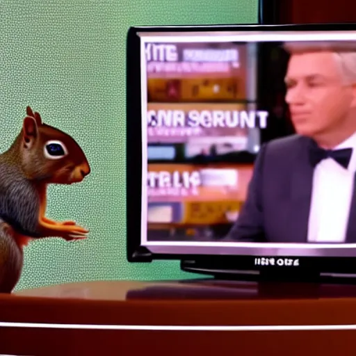 Prompt: a squirrel discusses international affairs, wearing a suit, on the evening news, realistic television still