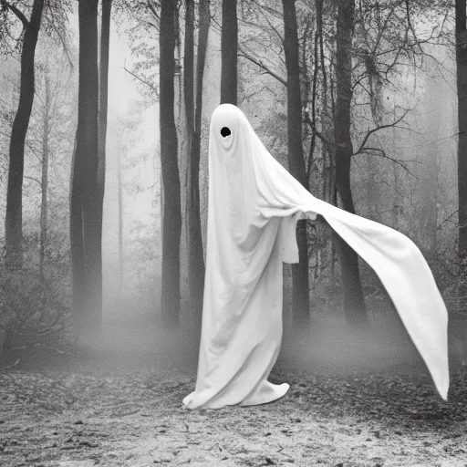 Image similar to a ghost in a sheet in spooky woods