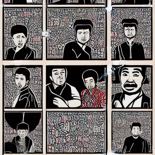 Image similar to uyghur Uighur men in a prison, heart kidney lungs, in the style of daniel johnston and outsider art, 4k, line brush, minimal, overlaid with chinese adverts and mandarin text