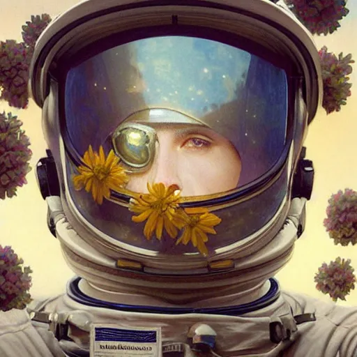 Image similar to a close up painting of an astronaut floating in space. his helmet visor is dark and reflective. you can see the reflection of flowers in his helmet visor. by artgerm and greg rutkowski and alphonse mucha