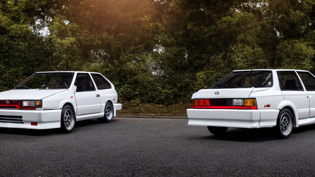 Prompt: toyota sprinter trueno 3 door gt - apex with pop up headlights, cinematic, nikon d 7 5 0, long exposure, white balance, 8 k, led, lumen global illumination, fog, ray tracing reflections, fxaa, rtx, post - production