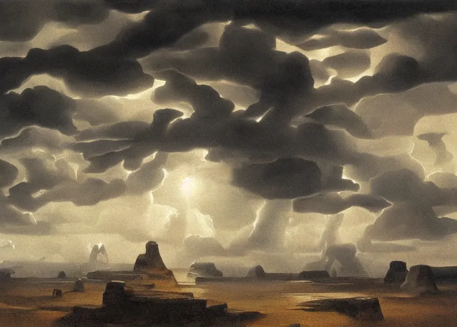 Image similar to a geometric drawing of a landscape of clouds and air of silver painted by greg rutkowski and albert bierstadt, surrealism by dali, very detailed, high resolution