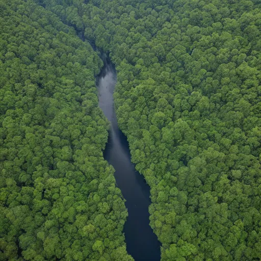 Prompt: aerial photo river, deep forests