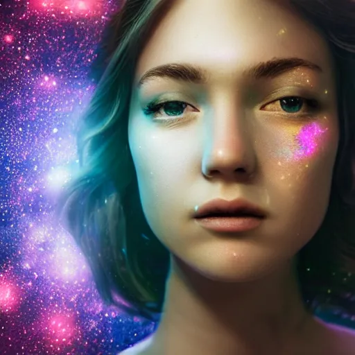 Image similar to woman portrait made out of galaxies floating in space, highly detailed, beautiful, realistic, comic book art, octane render