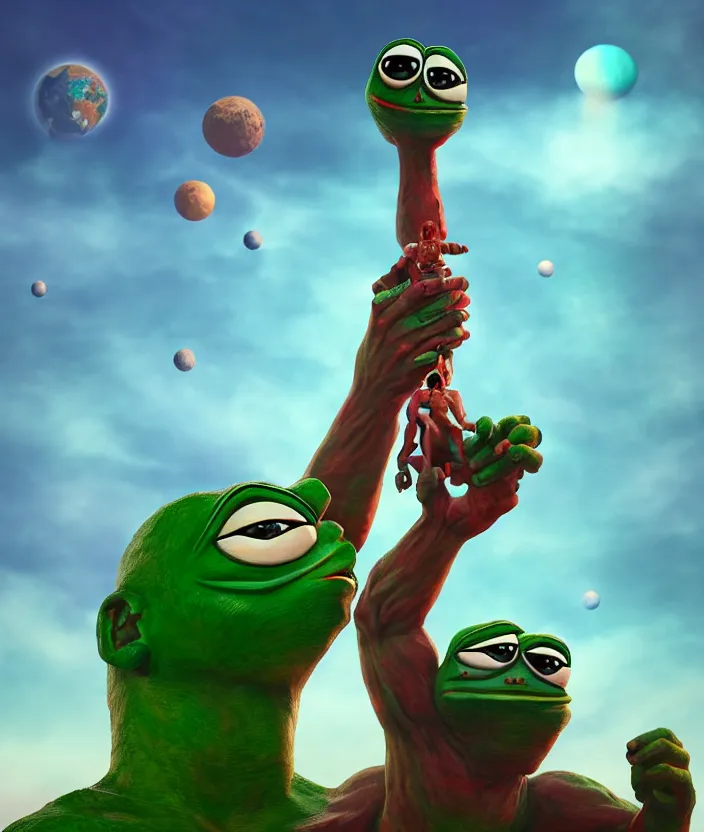 Image similar to giant pepe anunnaki statue, full body, planets, sky, dream, highly detailed, digital painting, refreshing, trending on artstation, octane render, illustration by james jean
