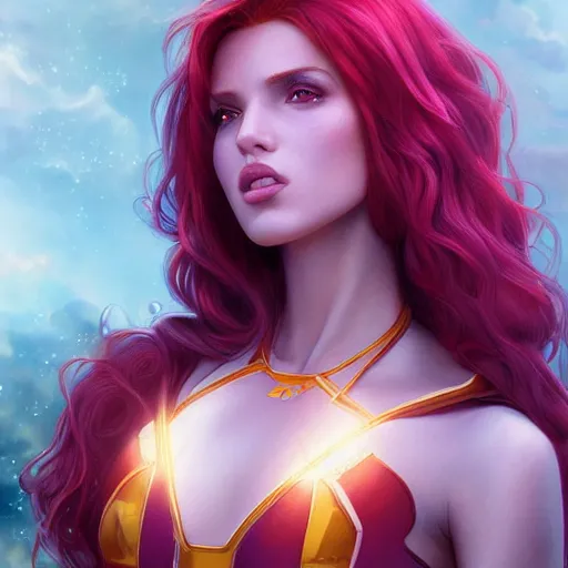 Image similar to ultra realistic illustration, bella thorne as starfire anime, intricate, elegant, highly detailed, digital painting, artstation, concept art, smooth, sharp focus, illustration, art by artgerm and greg rutkowski and alphonse mucha and wlop