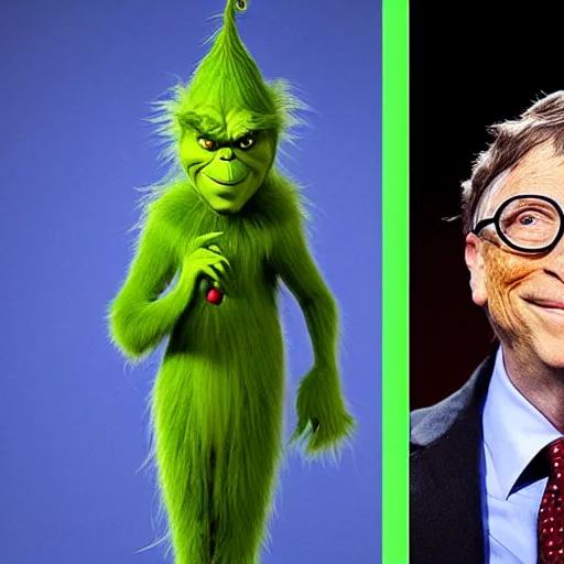 Image similar to bill gates cosplaying as the grinch, bill gates wearing a grinch costume, cosplay award winner