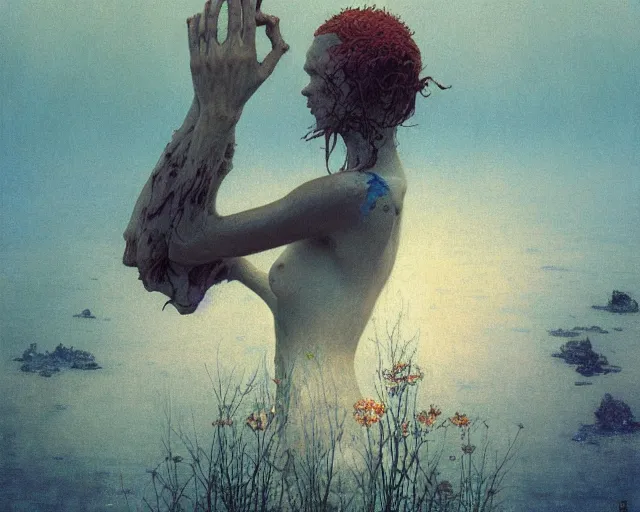 Image similar to the last sight before death by drowning, painted by zdzislaw beksinski and artgerm and greg rutkowski and alphonse mucha and rene laloux