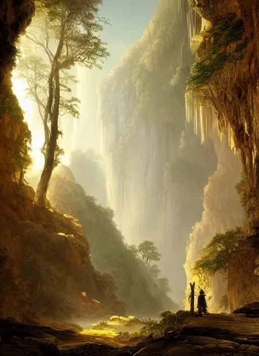 Prompt: detailed interior of natural caves, very tall thing trees, light shafts, monks, stunning atmosphere, by asher brown durand, inspired by greg rutkowski and peter mohrbacher
