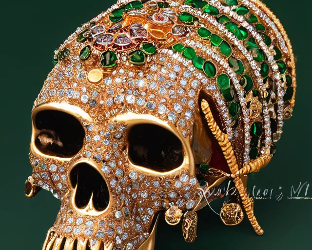 Image similar to ram's skull ornately decorated with gold and gems, green background, studio photography, rubies, emeralds, gold, jewels