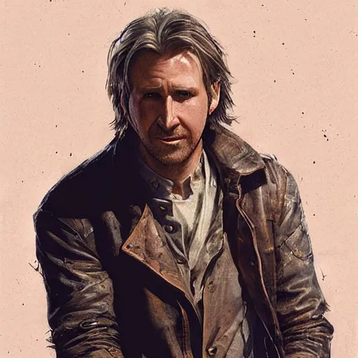 Prompt: a highly detailed epic cinematic concept art CG render digital painting artwork costume design: Harrison Ford/Ryan Gosling, old scars, long hair, grizzled, tired and drunk, in an old 1950s leather jacket. By Greg Rutkowski, Ilya Kuvshinov, WLOP, Stanley Artgerm Lau, Ruan Jia and Fenghua Zhong, trending on ArtStation, made in Maya, Blender and Photoshop, octane render, excellent composition, cinematic atmosphere, dynamic dramatic cinematic lighting, aesthetic, very inspirational, arthouse