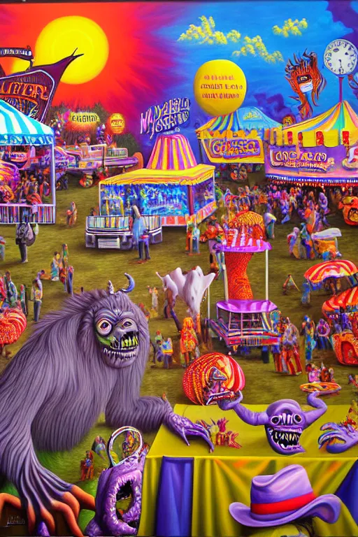 Image similar to a hyperrealistic painting of a monsters day at the county fair, cinematic horror by jimmy alonzo, lisa frank, the art of skinner, highly detailed, vivid color,