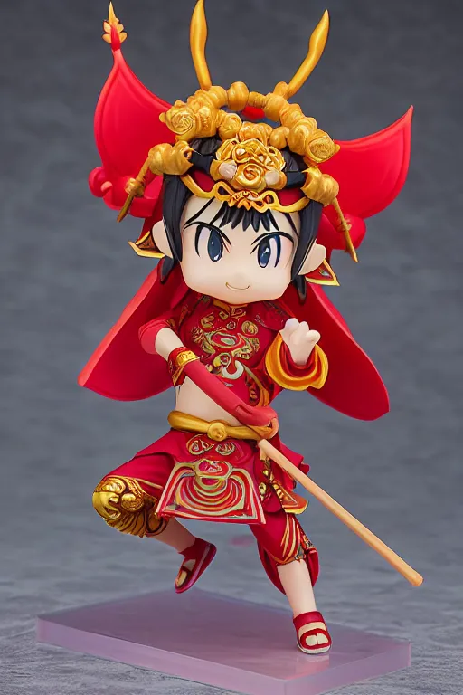 Image similar to arty chinese mythology ne zha nendoroid full body hyperdetalied, hero action pose, osamu tezuka, macoto takahashi, chibi, q posket, 8 k realistic, 3 d, cryengine, exquisite, red cloth around his shoulders, hold spear, ne zha ( 2 0 1 9 ), fenghua zhong,