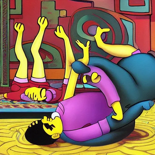 Image similar to a painting in the style of my dark beautiful twisted fantasy about homer simpson breakdancing, high quality