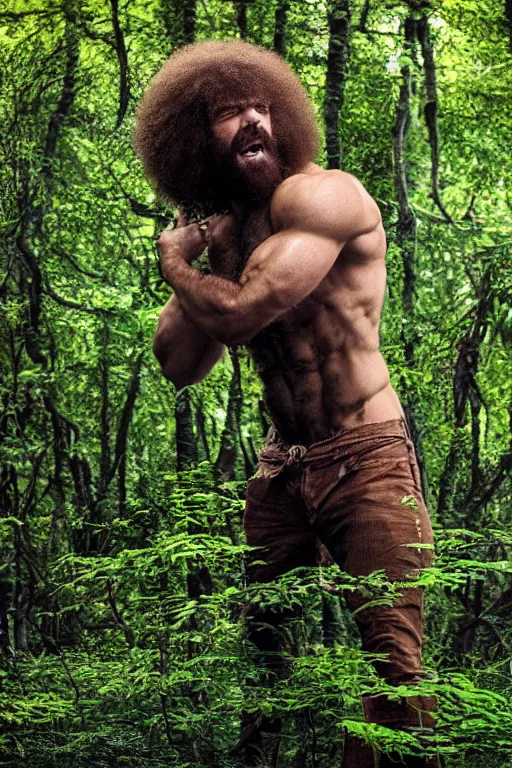 Prompt: portrait of a muscular bob ross screaming, chiseled features, beautiful flowing brown curly hair, mythological, god of nature, defined muscles, artsy photography, film photo, 4 k, model posing, deep tan skin, trending on artstation, fashion photography, yellow eyes, overgrown background, dryad, verdant forest