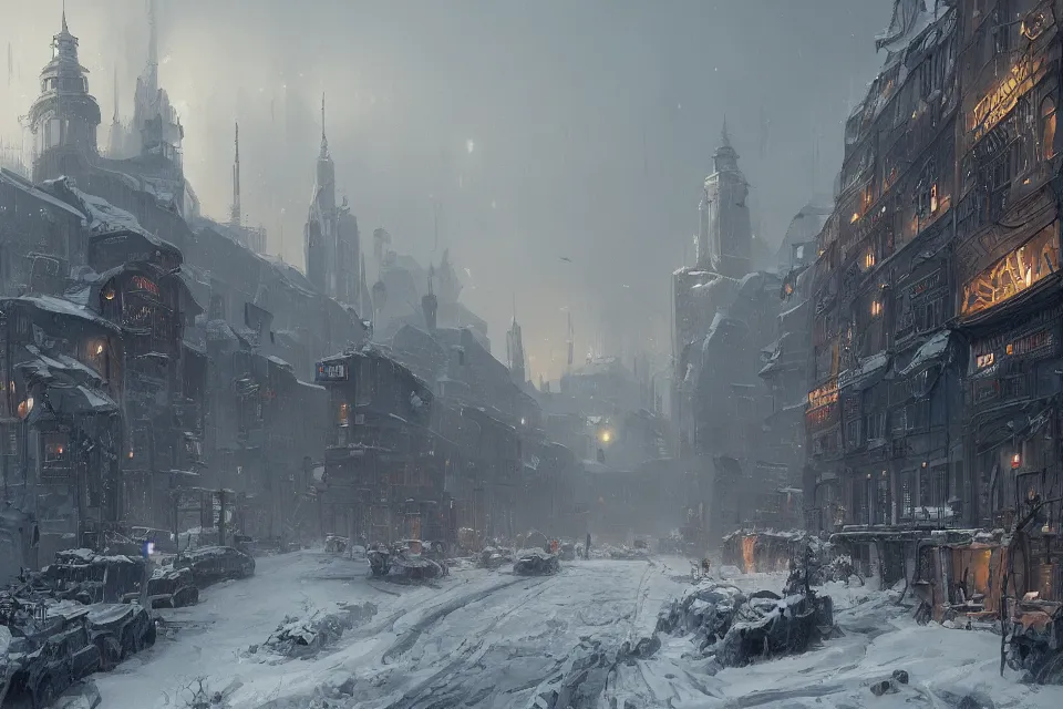 Image similar to highly detailed painting of dieselpunk stockholm, winter, snow, dystopia, by greg rutkowski, by raphael lacoste, 4 k resolution, trending on artstation