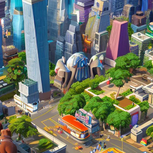 Prompt: The isometric perspective and UI of the PC game SimCity, applied to Zootopia by Disney.