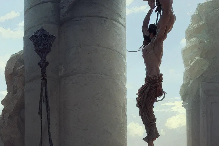 Prompt: a man tied to a column, highly detailed, digital painting, artstation, concept art, smooth, sharp focus, illustration, cinematic lighting, art by artgerm and greg rutkowski and alphonse mucha