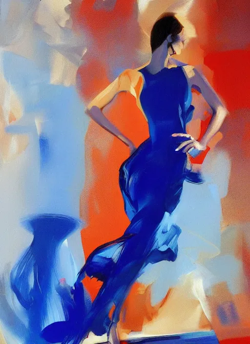 Image similar to fashion model in blue dress, painting by phil hale, fransico goya,'action lines '!!!, graphic style, visible brushstrokes, motion blur, blurry, visible paint texture, crisp hd image