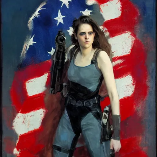 Image similar to kristen stewart as captain america, intricate, elegant, highly detailed, greg manchess, mucha, liepke, ruan jia, jeffrey catherine jones, ridley scott