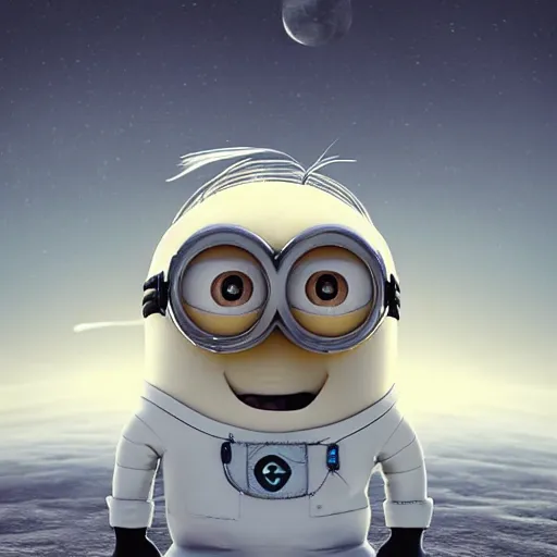 Image similar to an epic painting minion in white space suit, moon landing, pencil drawing, perfect composition, golden ratio, beautiful detailed, photorealistic, digital painting, concept art, smooth, sharp focus, illustration, artstation trending, octane render, unreal engine