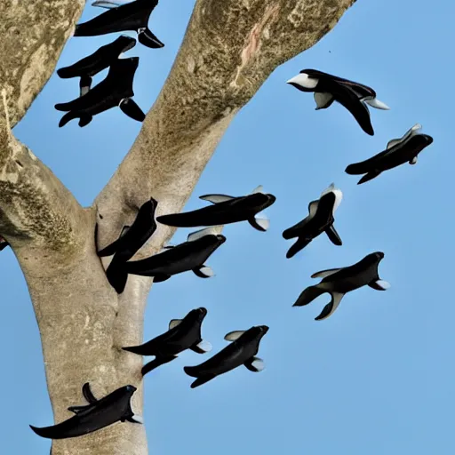 Prompt: a flock of pterodon sitting in a tree