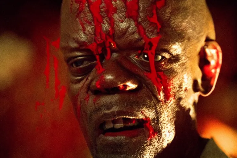 Image similar to samuel l. jackson as a zombie, blood, decay, cinematic lighting, portrait, medium shot, horror movie still