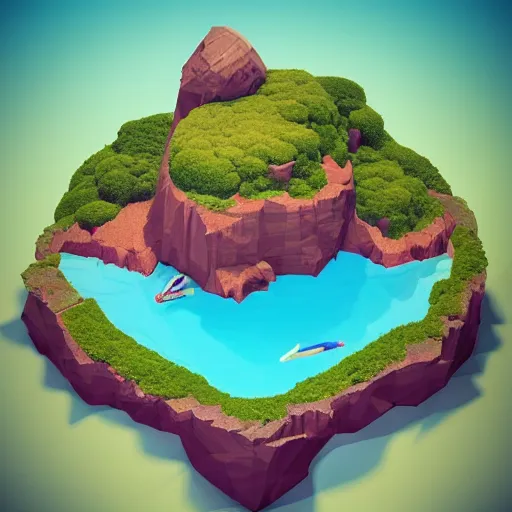 Image similar to a floating island on an ocean isometric art, low poly art, game art, artstation, 3D render, ultra detailed, cgsociety, unreal engine 5