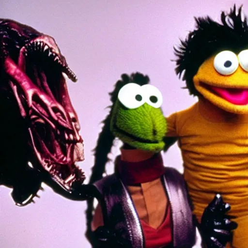 Prompt: photograph of Ripley and a xenomorph as muppets 1980s