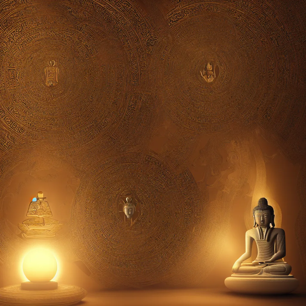 Image similar to meditating buddha sitting inside intricate sacred egyptian art orb, floating in a void surrounded by a parhelion sundog in volumetric lighting., ornate, photorealistic, ultra detailed, octane render, high definition, latent space, depth of field, bokeh, 8 k, artstation, cgsociety