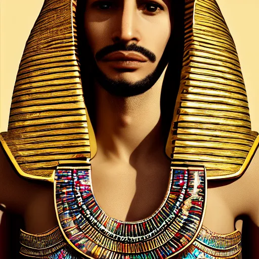 Image similar to a man in egyptian clothing wearing rings and jewlery on his neck, 8k resolution, serene, photorealistic, digital art, hyperdetailed, Unreal Engine, dynamic lighting, ultra detailed, trending on art station, concept art, stunning visuals, extreme detail