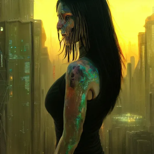 Prompt: portrait of a young beautiful cyberpunk woman, mirror eye implants, black hair in a rough shag, sunset, neuromancer, cyberpunk city background, megacity, gorgeous view, depth, painted by seb mckinnon, high detail, digital art, painted by greg rutkowski, trending on artstation