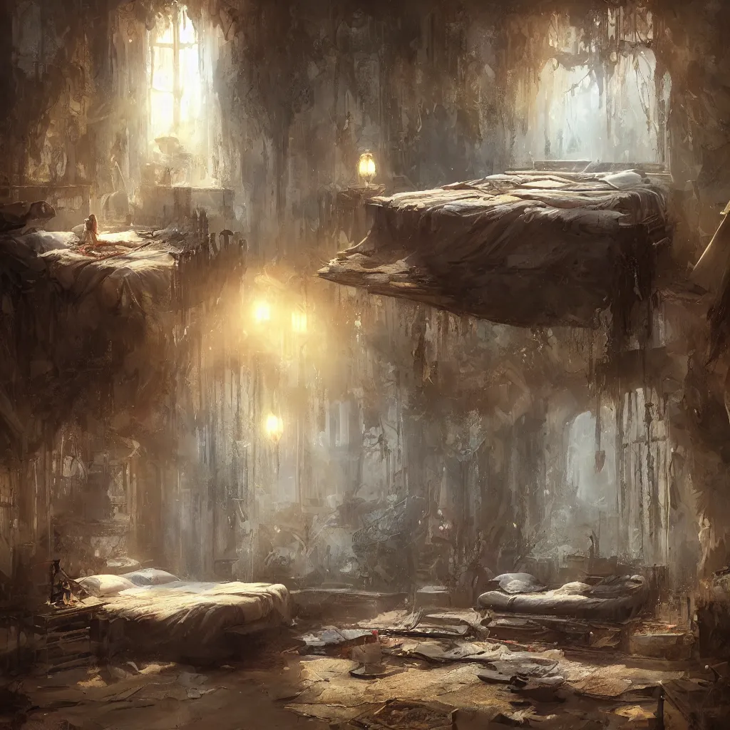 Prompt: a bed on stand in a magical area, by greg rutkowski